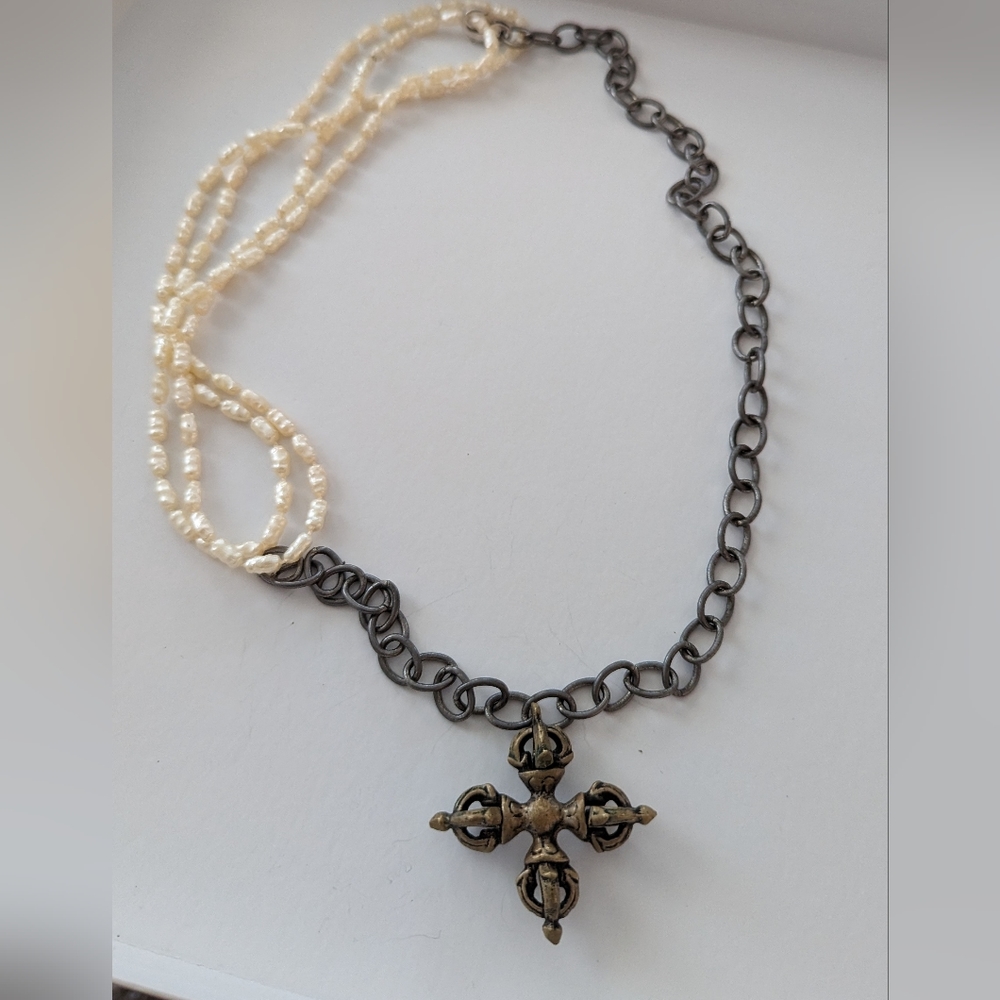 One of a kind fresh water pearl & chromium chain neck piece by OHH DAHLING